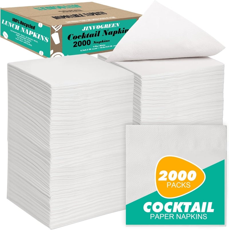JINVOGREEN 2000 Count Cocktail Napkins Bulk 1-Ply White Beverage Paper Napkins Disposable for Bars, Lunch, Parties, Restaurant and Everyday Use - 5.3 x 5.3 Inch Folded - Image 1